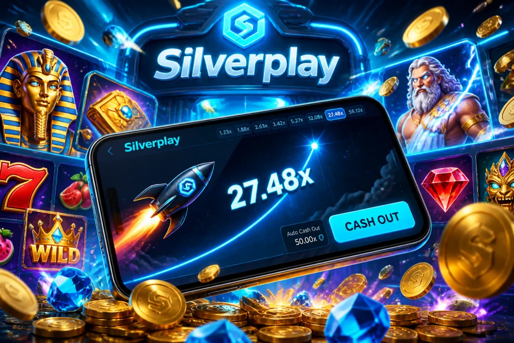 Silverplay-App auf einem Smartphone mit laufendem Crash-Spiel und ansteigendem Multiplikator